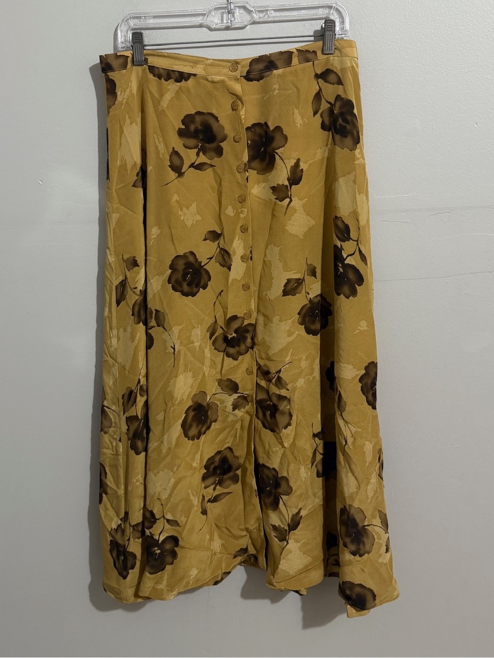 Jones New York Silk Skirt Womens 14 Floral Button Front Maxi Mustard Golden